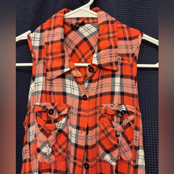 Love Ari Plaid Tartan Tunic Button Up Sleeveless Orange White Women’s Size S - Picture 4 of 13